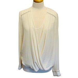 Cache Womens Cream V-Neck Studded Drape Blouse Size Large Coquette Office Siren